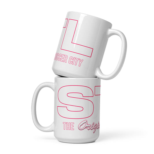 White glossy mug featuring "STL The Original Soccer City" wrap-around in a minimal design.
